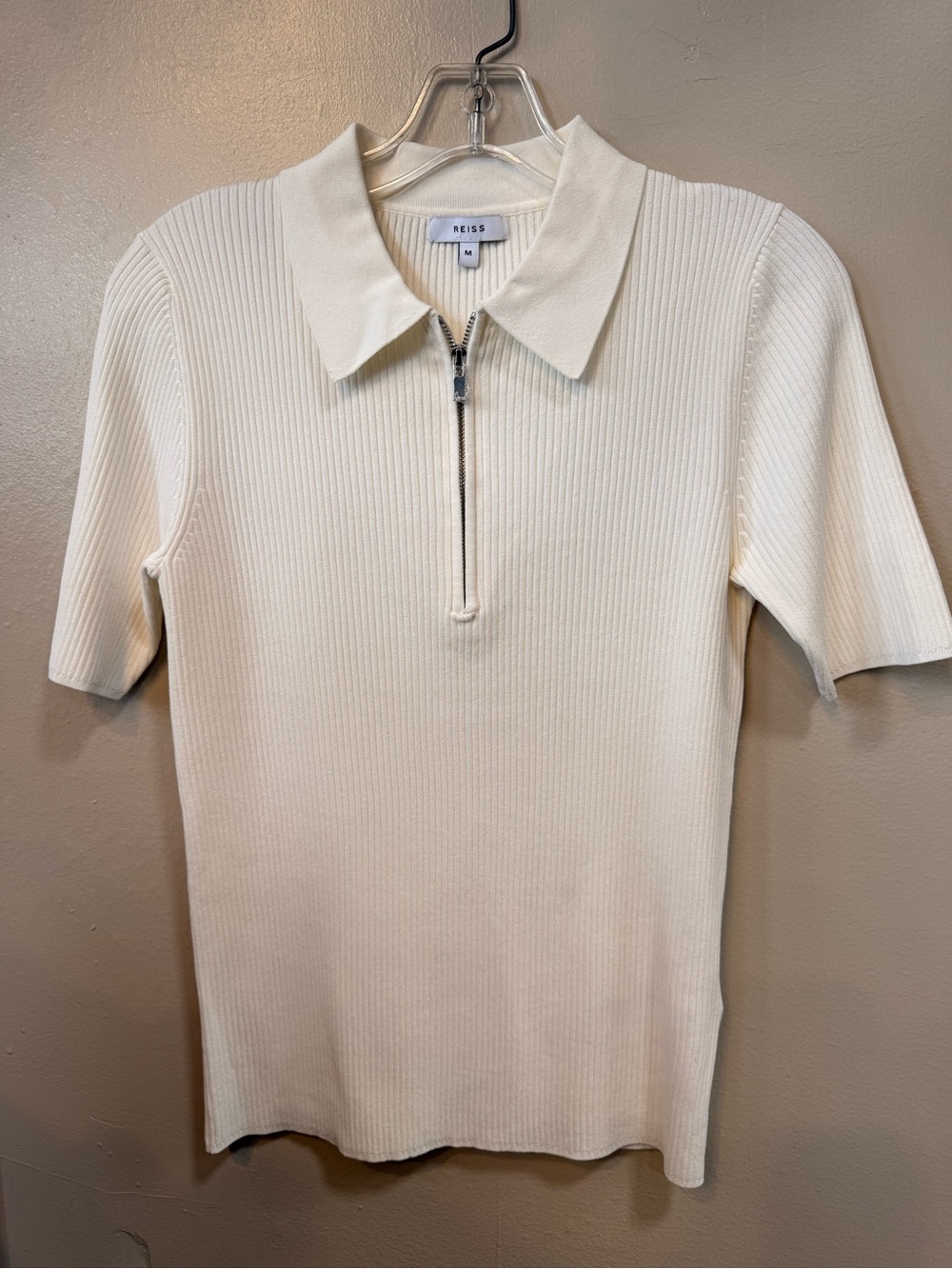 REISS Ivory Ribbed Knit Collared Quarter Zip Polo Top Size M